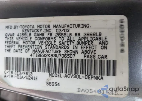 2003 Toyota Camry Le из США, поврежденный, VIN 4T1BE32K83U706507